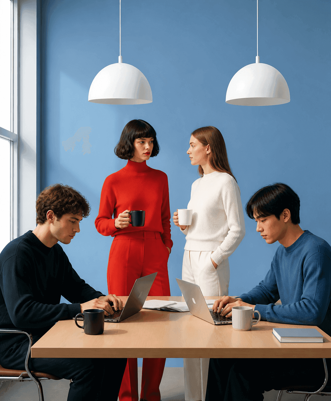 Team working at a table under white pendant lamps against a blue wall