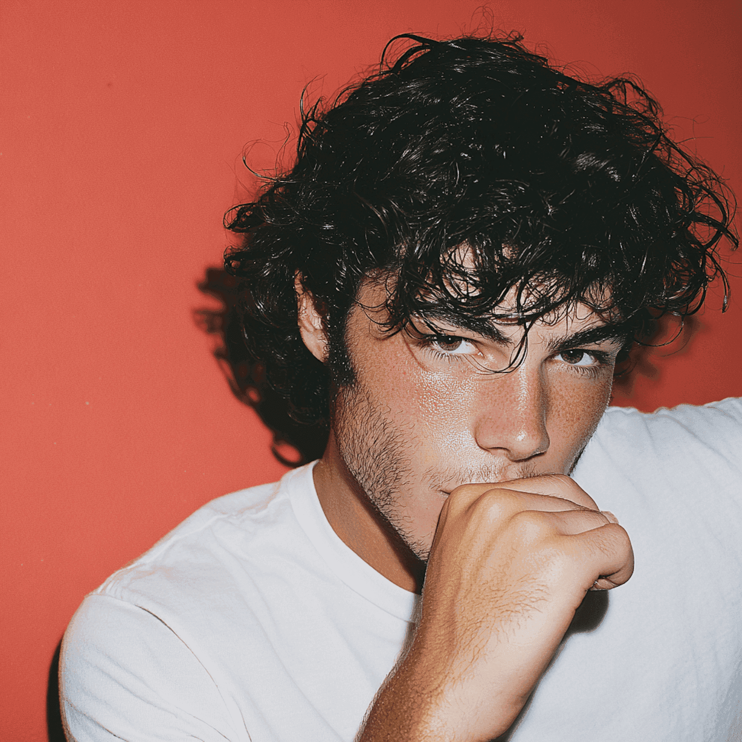 Man with curly dark hair in a white tee against a red wall