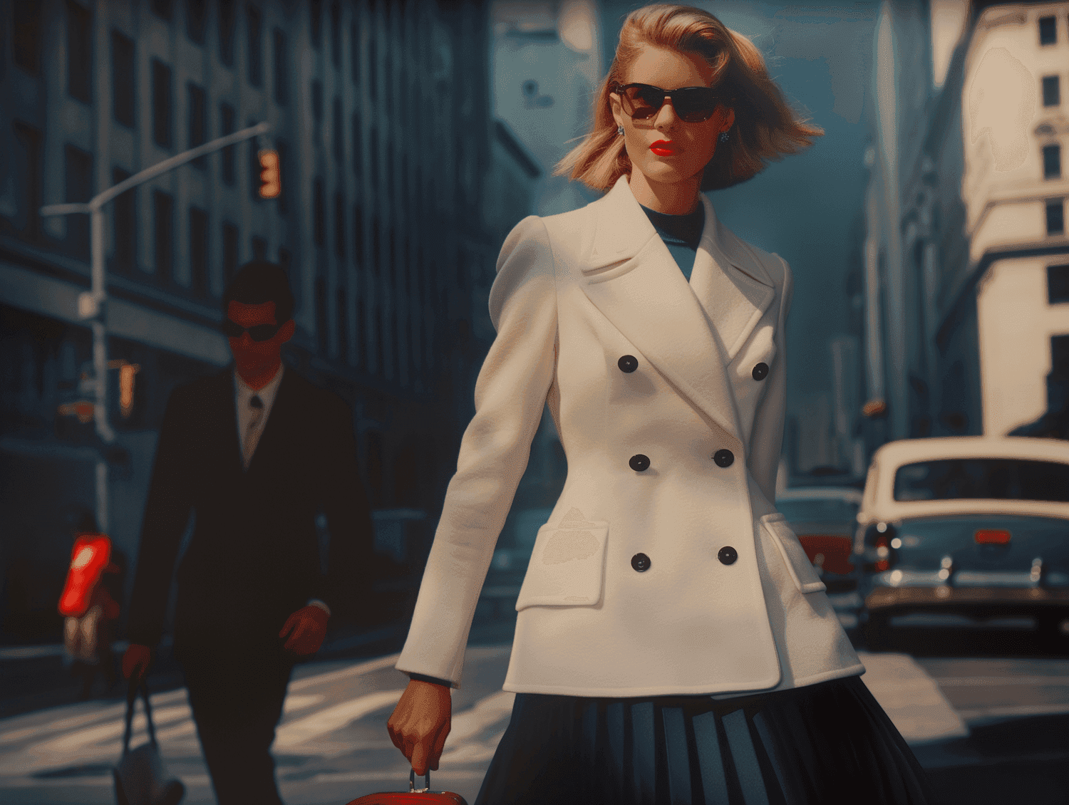 Woman in a white double-breasted coat crossing a city street